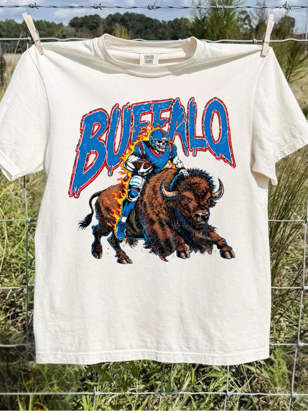 Comfort Colors Buffalo Football Player Riding Bison Fire T-Shirt